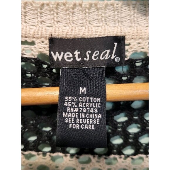 Black Tan Wide Stripe Open Knit Slouchy Cardigan Sweater Pockets Sz M Wet Seal - Picture 5 of 6